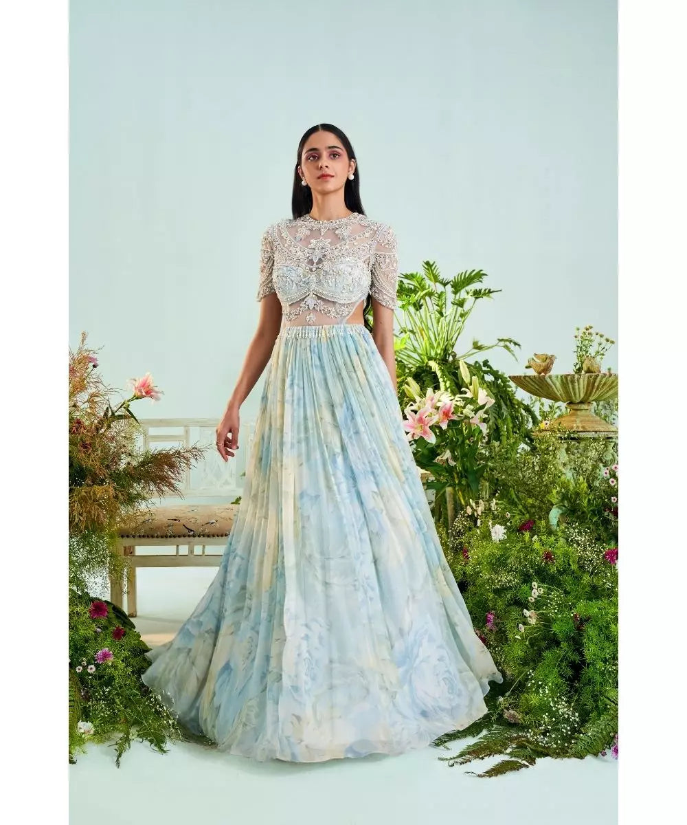 MANI BHATIA - Ice blue floral print Anarkali with Dupatta